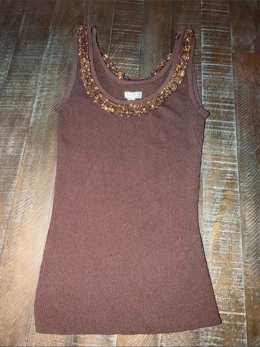 Cache โข brown beaded sweater tank knit ribbed embellished lace crochet scoop